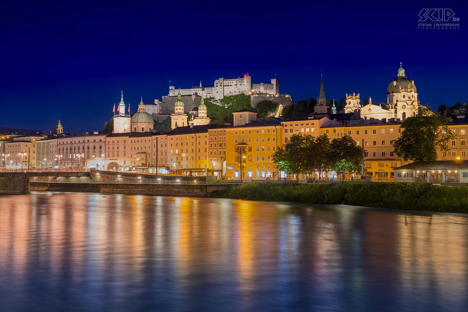 Austria - Salzburg - By night View of the river, the old town of Salzburg and the Festung Hohensalzburg. Stefan Cruysberghs